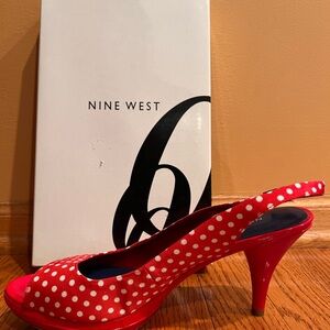Nine West Red and White Polka Dot Slingback Heels